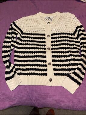 DKNY STRIPED BUTTON UP SWEATER